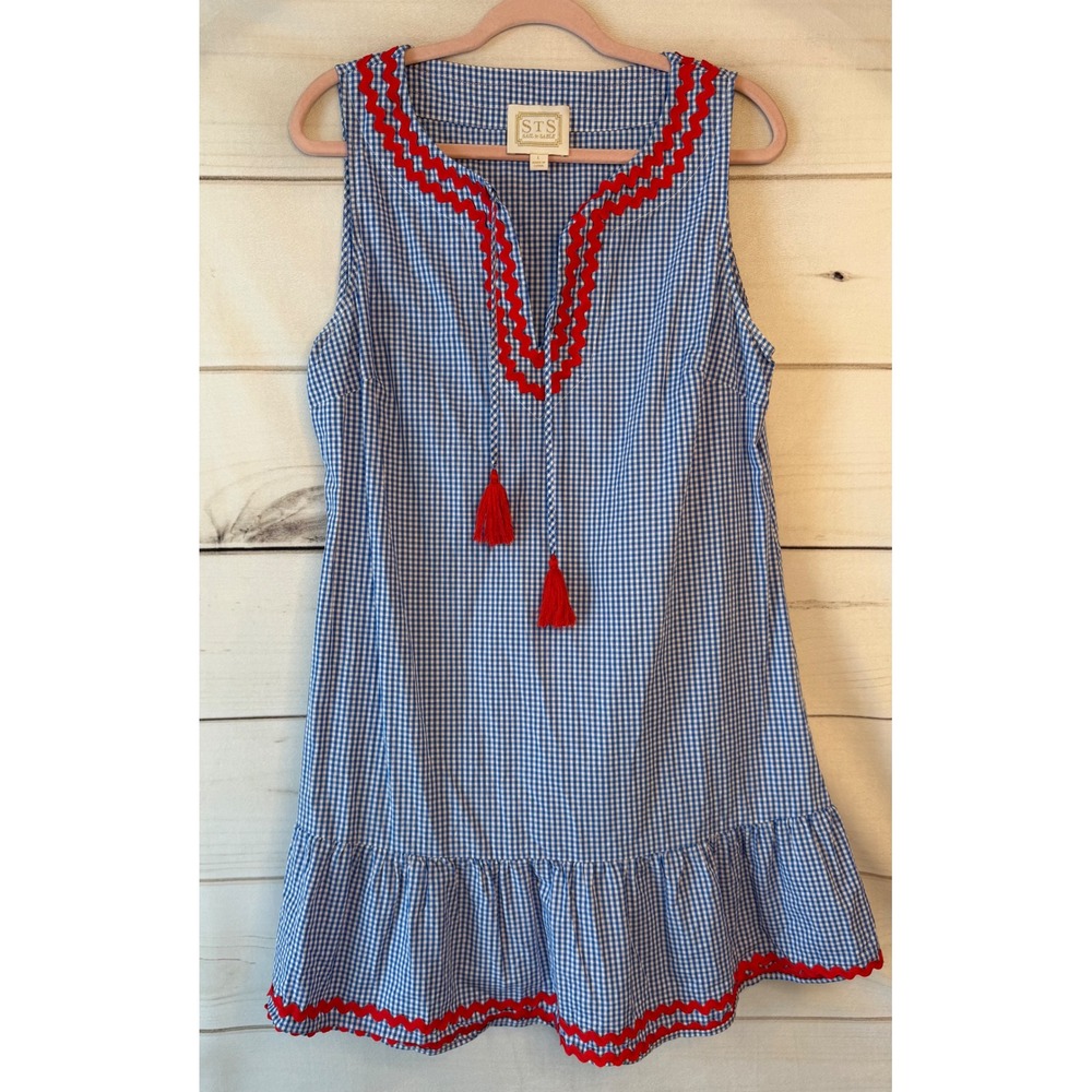 Sail to Sable Blue Gingham Ric Rac Tassel Dress Sleeveless Cotton Shift L